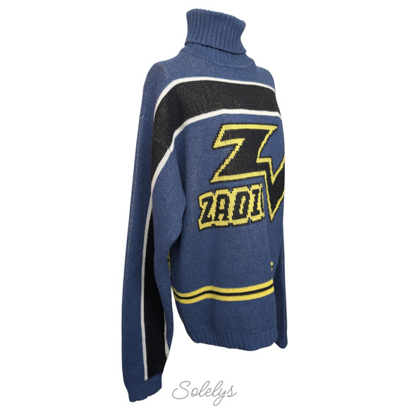 Zadig & Voltaire Défilé Roy Biker Logo Ocean Blue Jacquard Wool Cashmere Sweater - Picture 7 of 13